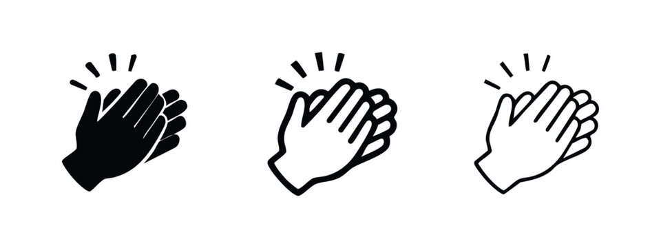 Clapping hands icon set with celebration rays in solid, thick outline, and thin outline styles. Symbol of applause and congratulations.