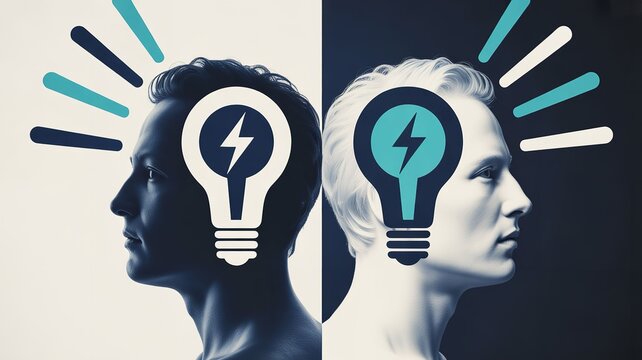 creative thinking, two heads with light bulbs, inspiration
