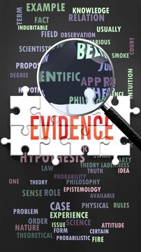 Evidence under magnifying glass, being researched, studied and examined. Most important subjects and ideas closely related to evidence written around a puzzle to symbolize complexity of evidence.