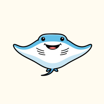 A cartoon-style illustration of a happy stingray with a light blue back and white belly, smiling and facing forward