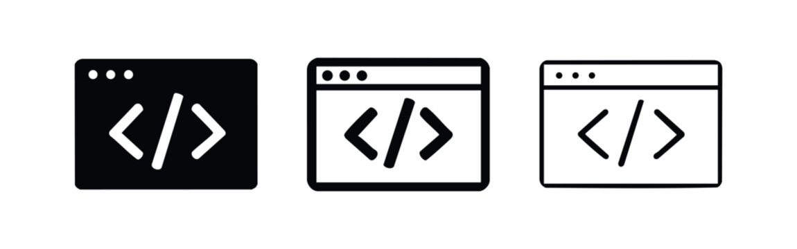 Web Development Code Icons: Browser Window with HTML Tags, Programming Interface, Website Coding Symbol