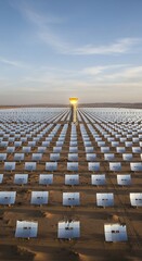 Fototapeta premium Vast solar power plant with rows of mirrors reflecting sunlight towards a central tower under a clear sky, symbolizing renewable energy and sustainable technology.