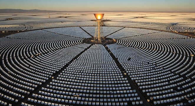 Vast solar power plant with circular mirror array focusing sunlight on a central tower at sunset creating clean energy and renewable power