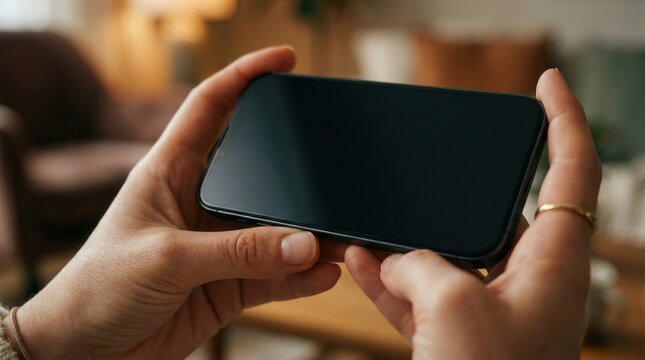 Hands holding smartphone horizontally with black screen indoors