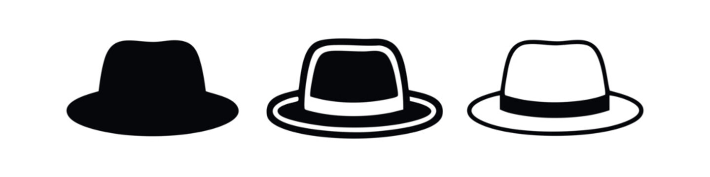 Classic Fedora Hat Icon Set. Elegant Headwear Symbol in Solid, Outline, and Linear Styles.