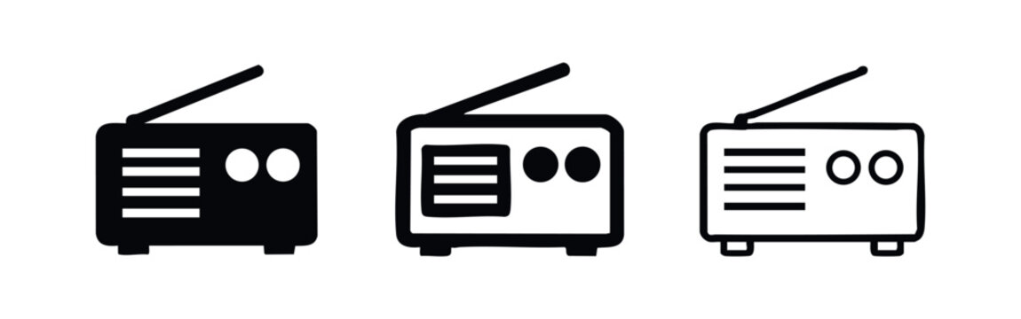 Simple Radio Receiver Icon Set. Broadcast and Communication Symbol in Solid, Outline, and Line Art Style for Media.