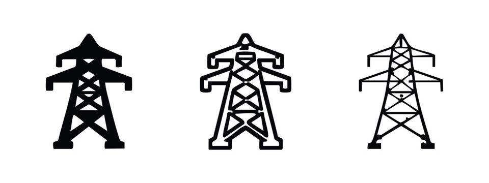 Electricity Pylon Transmission Tower Icon Set. Power Energy Infrastructure Symbol in Solid, Outline, and Line Art Style.