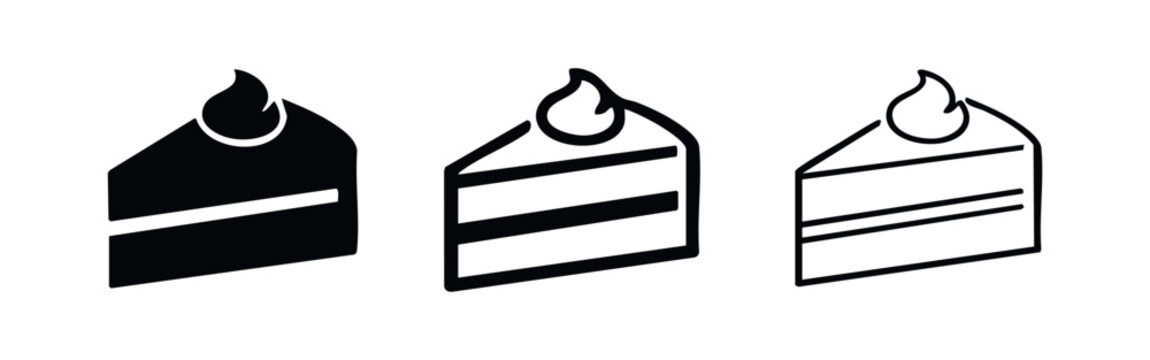 Cake slice icon set. Dessert piece, sweet pastry, birthday cake symbol in various styles.