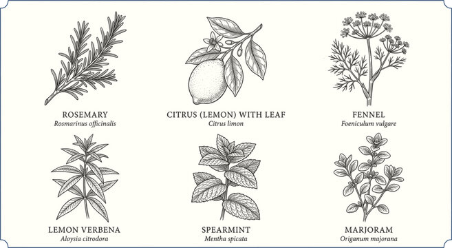 Herbs and plants illustrations with botanical names  rosemary lemon fennel verbena spearmint marjoram