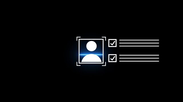 Neon green user profile icon with check mark and moving data lines on black background showing digital verification and technology concept in with 4k video animation.