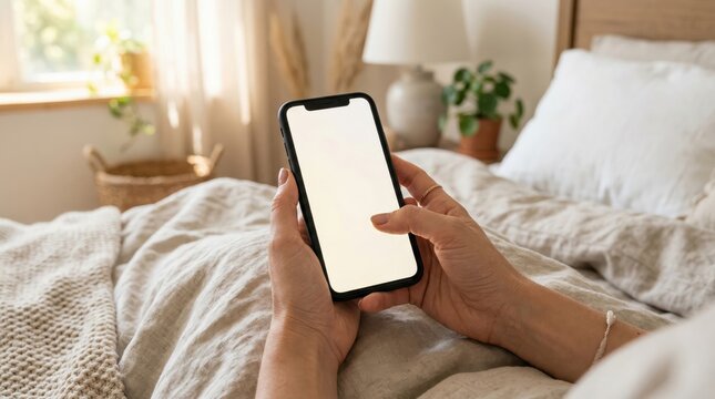 Hands holding smartphone over bed with bright window
