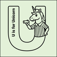A smiling cartoon unicorn wearing a striped shirt holds a marker standing next to a large letter U with text on it © NOMAN