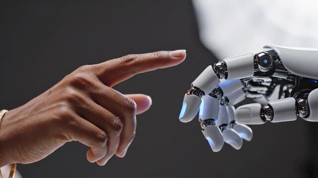 Futuristic robot hand reaching towards human touch