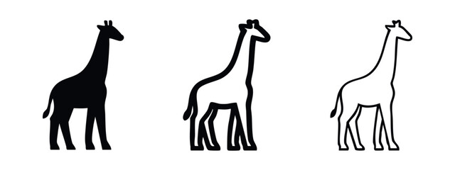 Giraffe icon set. African wildlife animal symbol in flat black, thick outline, and thin line styles. © liubomir118809