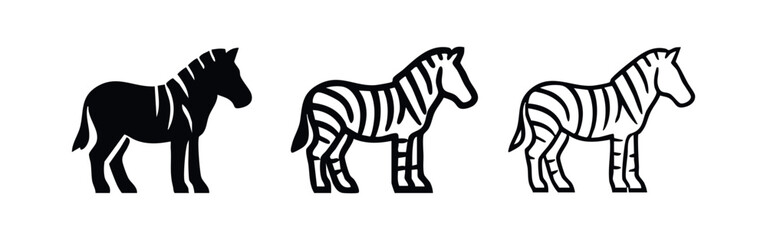 Obraz premium Zebra icon set. African striped animal symbol in flat black, thick outline, and thin line styles.