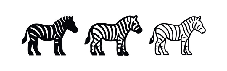 Obraz premium Zebra icon set. African safari animal symbol in flat black, thick outline, and thin line styles.