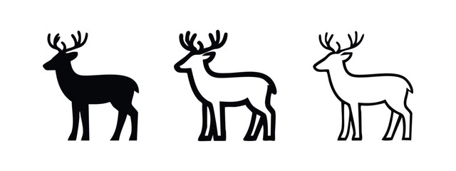 Fototapeta premium Deer Silhouette and Outline Icon Set. Stylized Black and White Standing Buck Vector Illustration.