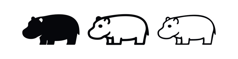 Obraz premium Cute Hippo Icon Set: Adorable Stylized Hippopotamus Silhouette and Outline Icons, Cartoonish and Playful Design