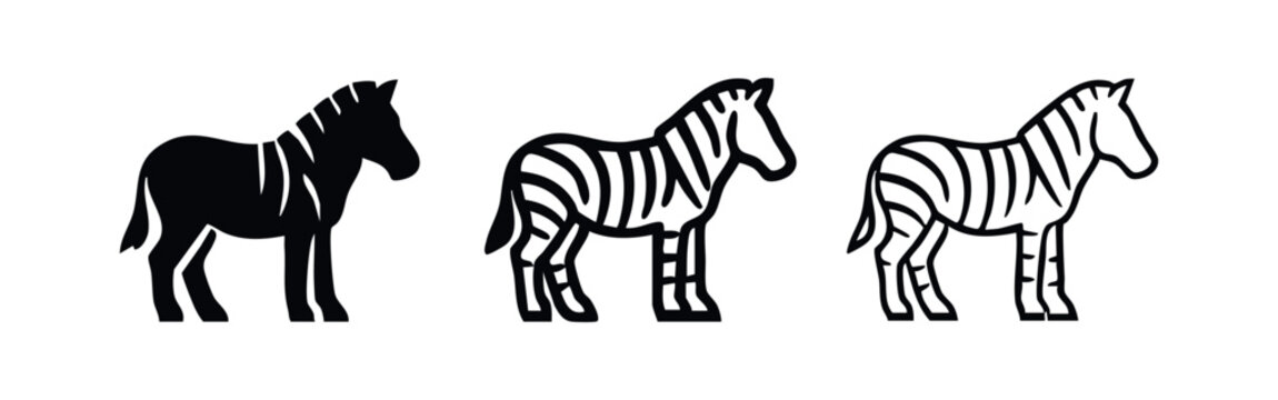 Zebra icon set. African striped animal symbol in flat black, thick outline, and thin line styles.