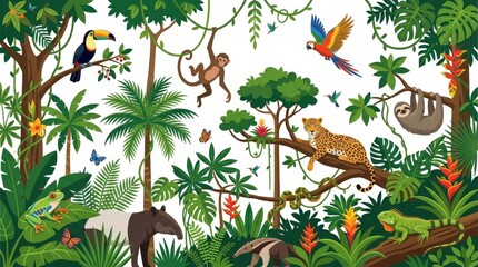 Fototapeta premium Tropical jungle with exotic animals.