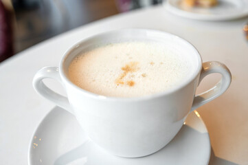 Obraz premium Cup of cappuccino on saucer with cream foam, coffee beverage, cafe lifestyle.