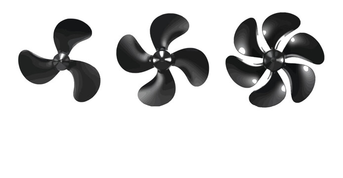 Three black ship propellers with different numbers of blades on a white background