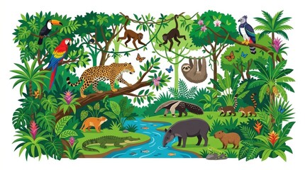 Fototapeta premium Tropical jungle with exotic animals.