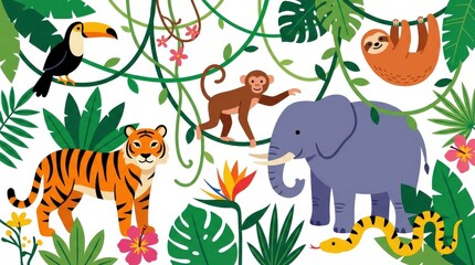 Naklejka premium Jungle animals and tropical plants.