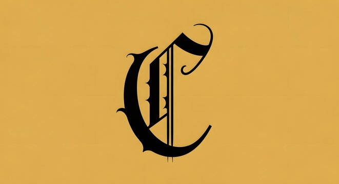 Ornate black letter 'C' with intricate gothic details. Elegant old English typography on a warm golden yellow background, perfect for sophisticated graphic design