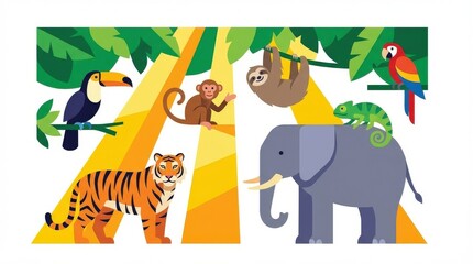 Fototapeta premium Tropical jungle animals illustration collage.