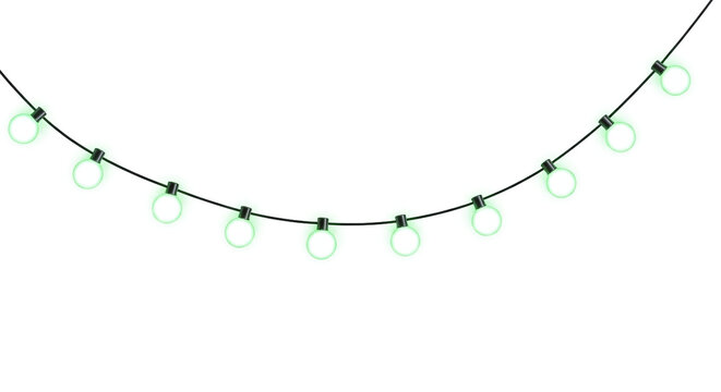 Glowing green string lights on black cord isolated on transparent background