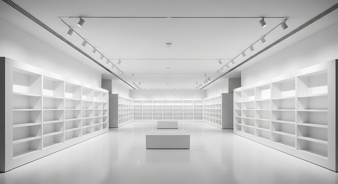 Modern minimalist empty retail store interior with white shelves and display cubes bright clean showroom or gallery space