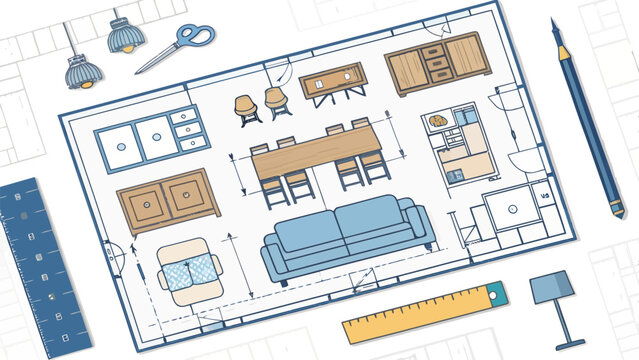 A vector graphic illustration of a house floor plan with furniture and design tools
