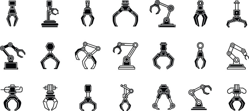 A professional set of industrial robotic arm icons and mechanical gripper silhouettes perfect for automated factory technology, manufacturing engineering, heavy machinery design, and robotics.
