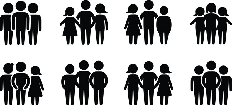 Silhouette collection of diverse groups of three people, family figures, social unity, inclusivity concept, demographic artwork illustration