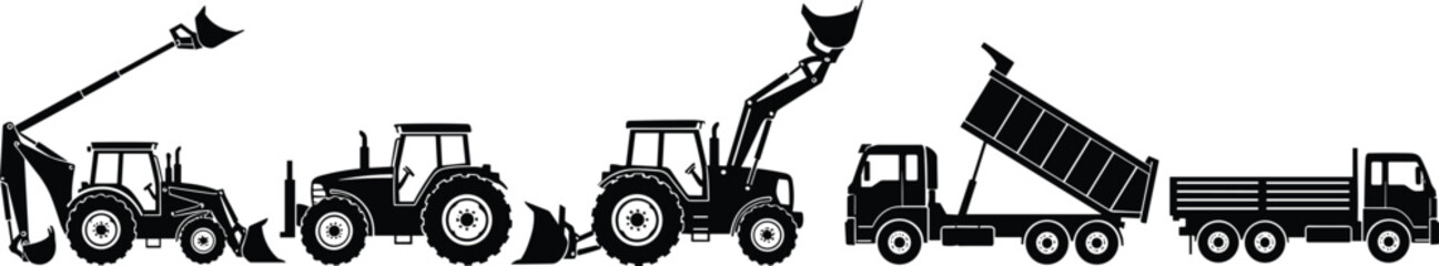 Black and white silhouette set of heavy construction machinery and agricultural equipment including backhoe loader tractor with front shovel tipper dump truck and flatbed vehicle © MdHasmot