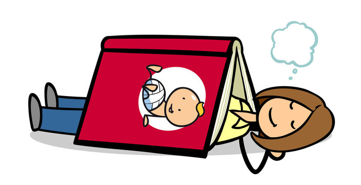 Cartoon Mutter beim Schlafen unter Babyratgeber nach dem Lesen