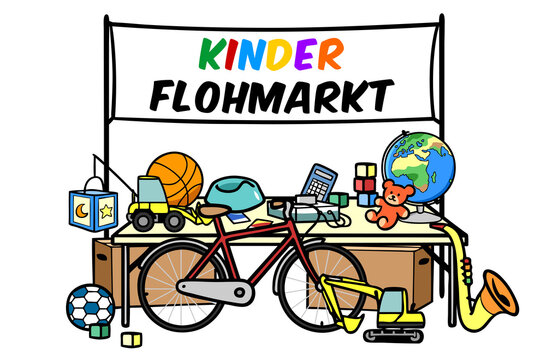 Einladung Banner f&uuml;r Kinderflohmarkt mit Spielzeug und Fahrrad
