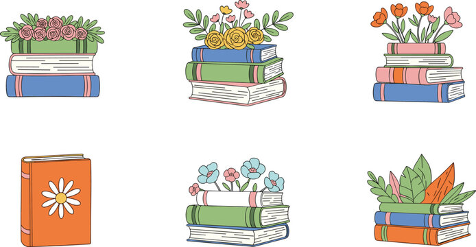 Cute Books with Flowers Vector Set Featuring Colorful Book Stacks, Floral Decorations, and Reading Illustrations for Education, Literature, and Cozy Lifestyle Design Projects