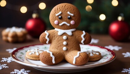 Fototapeta premium A gingerbread man sits on a plate surrounded by cookies, looking sad. The festive scene is adorned with Christmas ornaments and soft lighting, creating a warm atmosphere.