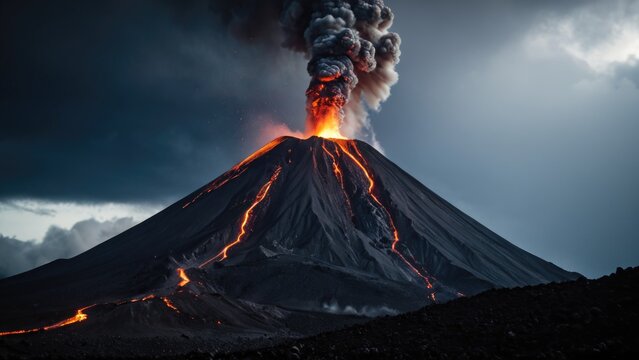 A powerful volcanic eruption sending hot lava flowing into the air, suitable for use in scenes of natural disasters or geological phenomena
