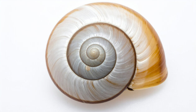 Detailed view of a brown and white snail shell spiral on a plain white background