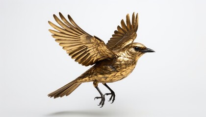 Fototapeta premium A golden bird is flying in the air, showcasing its detailed wings. The bird's unique coloration and form highlight its graceful movement in flight.