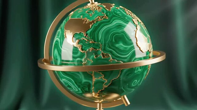 Elegant malachite and gold globe spinning gracefully on a stand, showcasing a luxurious world map design in stunning 3D animation footage.