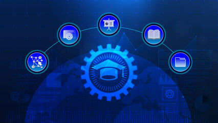 Fototapeta premium A digital concept image showing interconnected gears and icons, symbolizing technology, innovation, and knowledge sharing in the modern world.