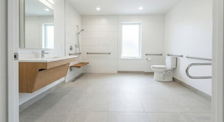 Fototapeta premium Accessible bathroom interior with grab bars and modern fixtures