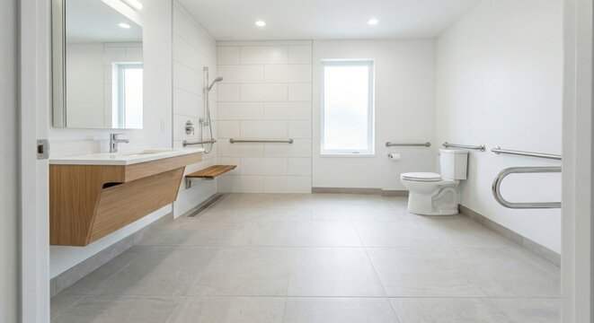 Accessible bathroom interior with grab bars and modern fixtures