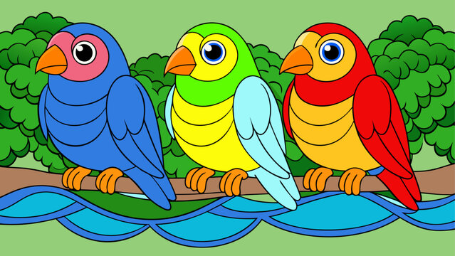 Colorful birds, parakeets, on branch, water background, vector illustration, nature, wildlife