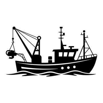 Black silhouette of a fishing boat on water with crane