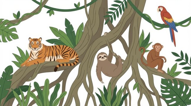 tiger sloth monkey parrot tree.